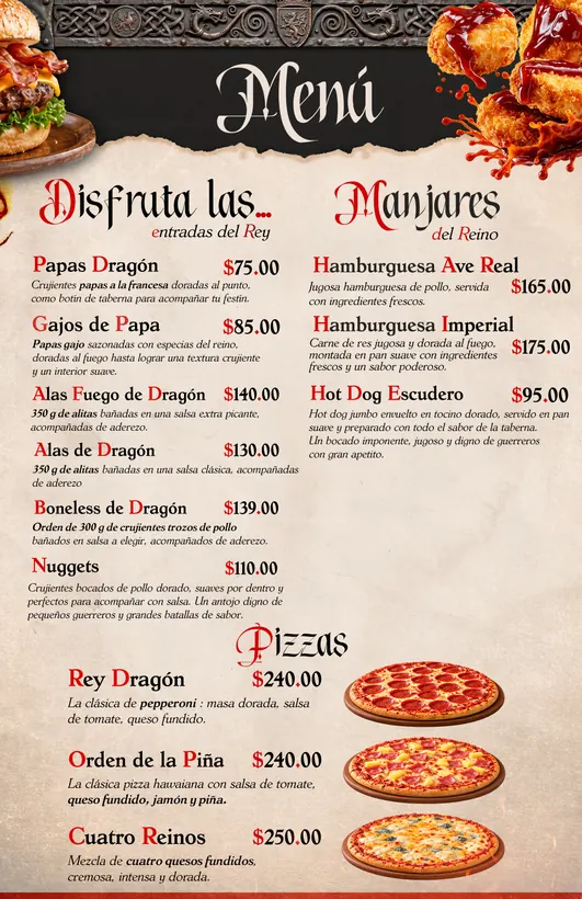 Menú Braza Dragón: entradas, manjares y pizzas